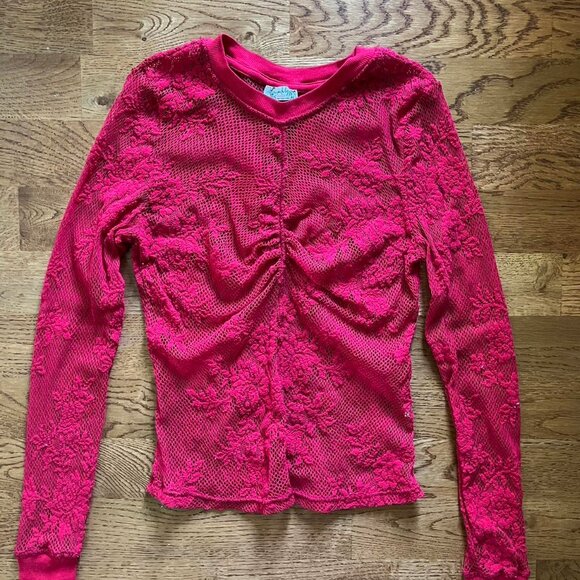 Free People Intimately Women's Red Shirt Lace Mesh Long Sleeve Top XS Sheer - Picture 3 of 4